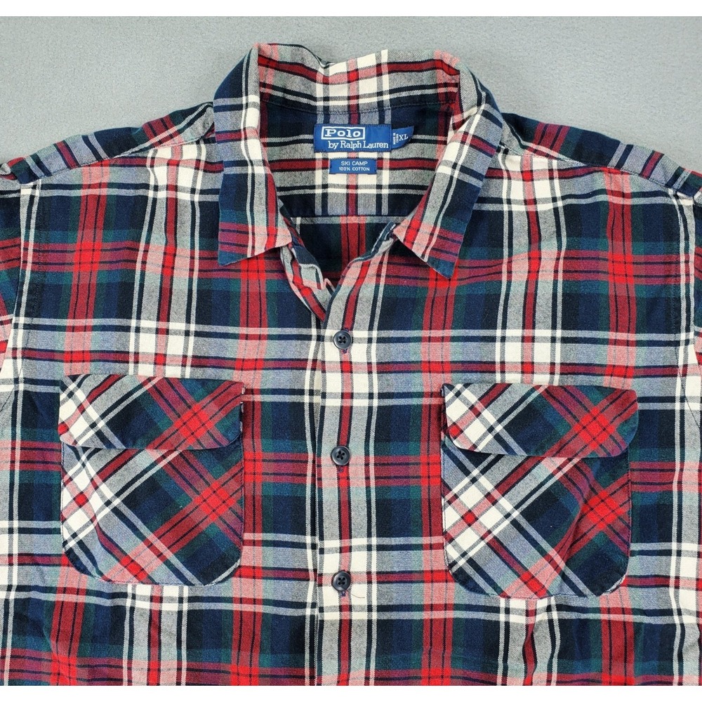 Vintage Polo Ralph Lauren Flannel Shirt Loop Collar Ski Camp Plaid Men XL Tartan